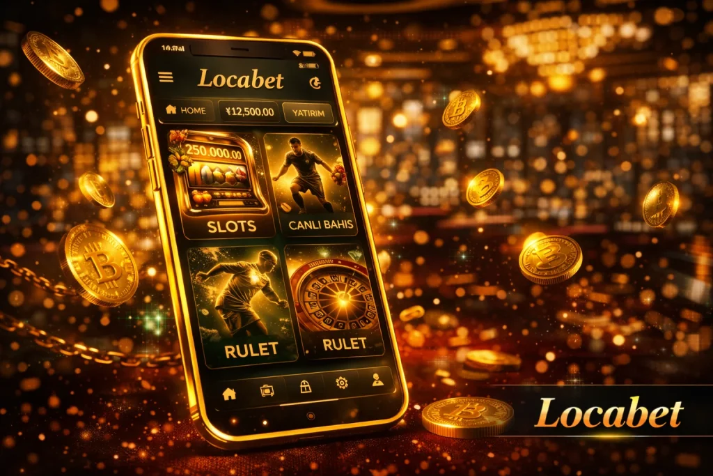 Locabet mobil uygulama ekranının göründüğü telefon ve altın jetonlarla dijital cüzdan görseli